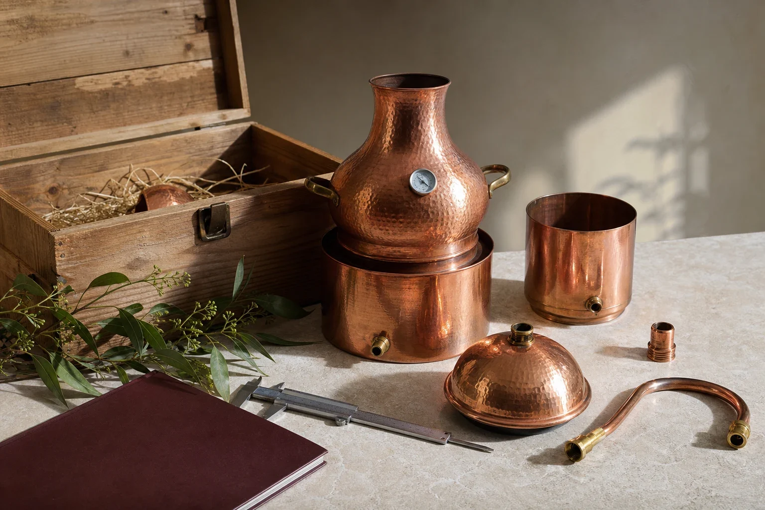 Nature morte d’atelier montrant un alambic en cuivre démonté, ses accessoires, un pied à coulisse et une caisse en bois.