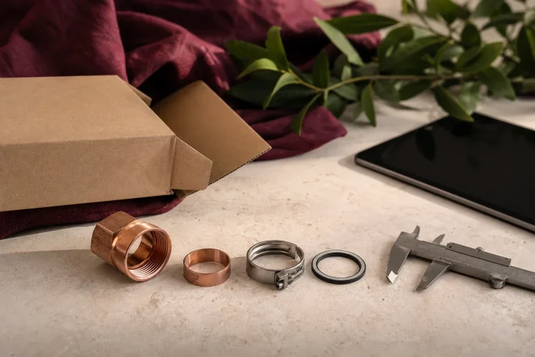 Boîte en carton, raccords métalliques et pied à coulisse disposés sur une table, avec une tablette en arrière-plan.