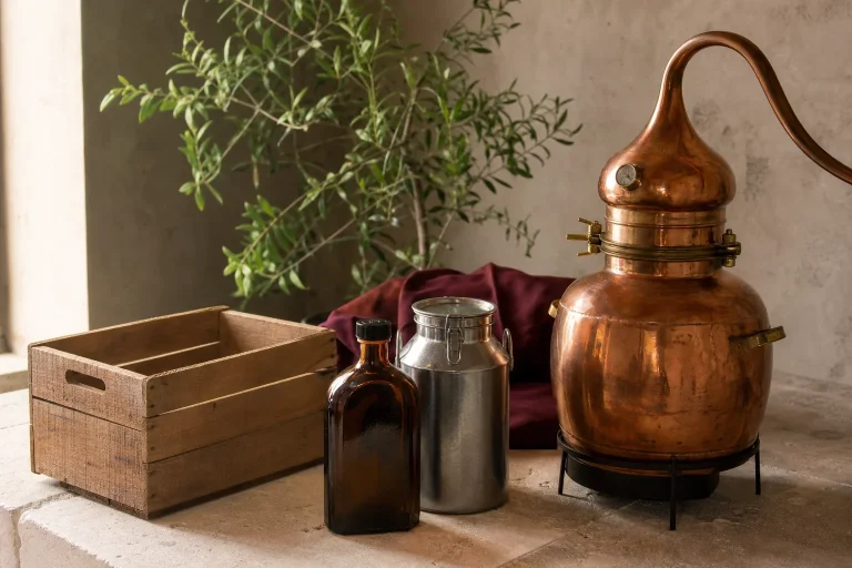 Nature morte d’atelier avec un alambic en cuivre, des flacons neutres, une caisse en bois et une plante verte.