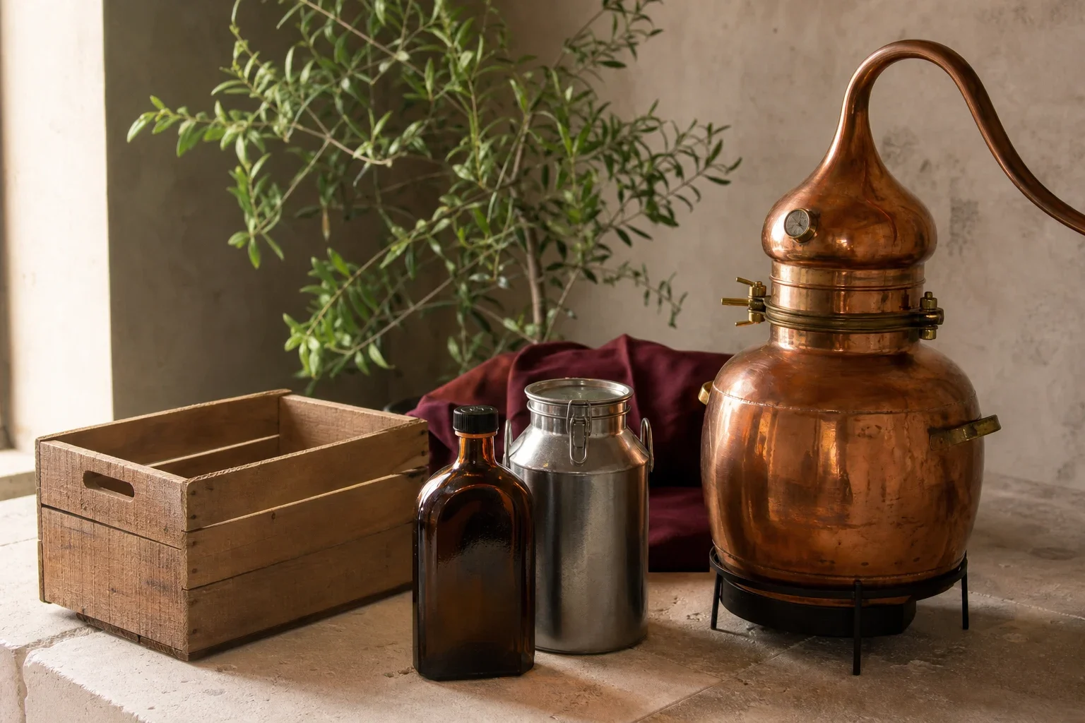 Nature morte d’atelier avec un alambic en cuivre, des flacons neutres, une caisse en bois et une plante verte.