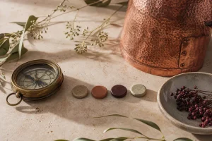 Nature morte d’atelier avec un alambic en cuivre, une boussole, quatre pastilles colorées et des végétaux sur une table.
