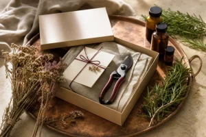 Nature morte d’un coffret cadeau pour atelier botanique, avec plantes séchées, flacons ambrés et sécateur.