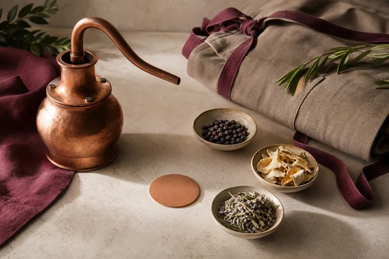 Nature morte d’atelier avec un alambic en cuivre, des plantes aromatiques et des bols d’ingrédients sur une table.