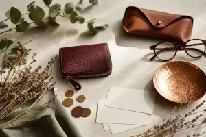 Nature morte d’accessoires en cuir, lunettes, pièces de monnaie et cartes vierges disposés sur une table claire.