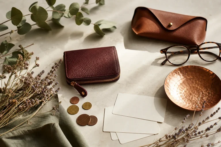 Nature morte d’accessoires en cuir, lunettes, pièces de monnaie et cartes vierges disposés sur une table claire.