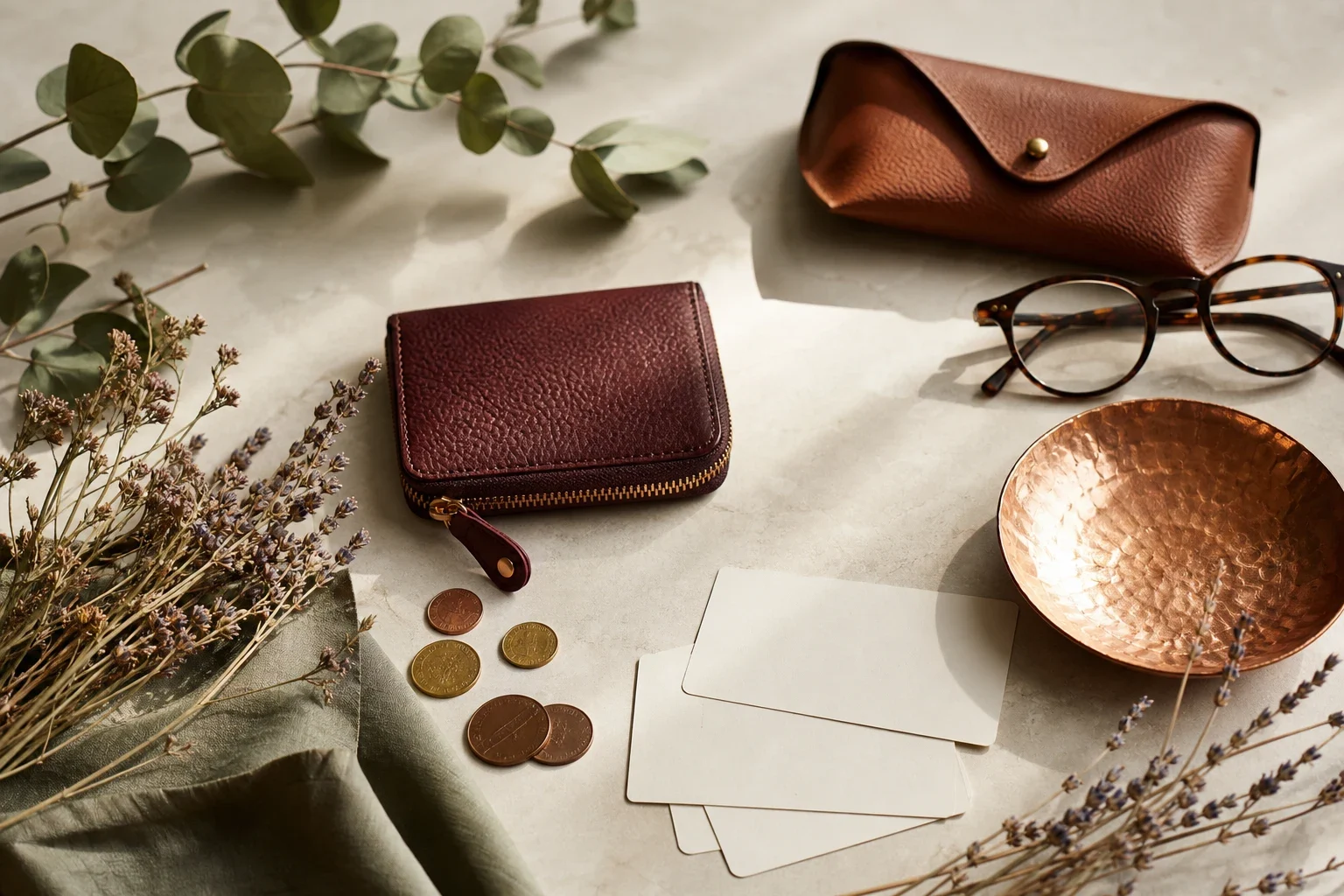Nature morte d’accessoires en cuir, lunettes, pièces de monnaie et cartes vierges disposés sur une table claire.