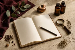 Carnet ouvert et crayon sur une table d’atelier, entourés de flacons ambrés, d’un tube en cuivre et d’une loupe.
