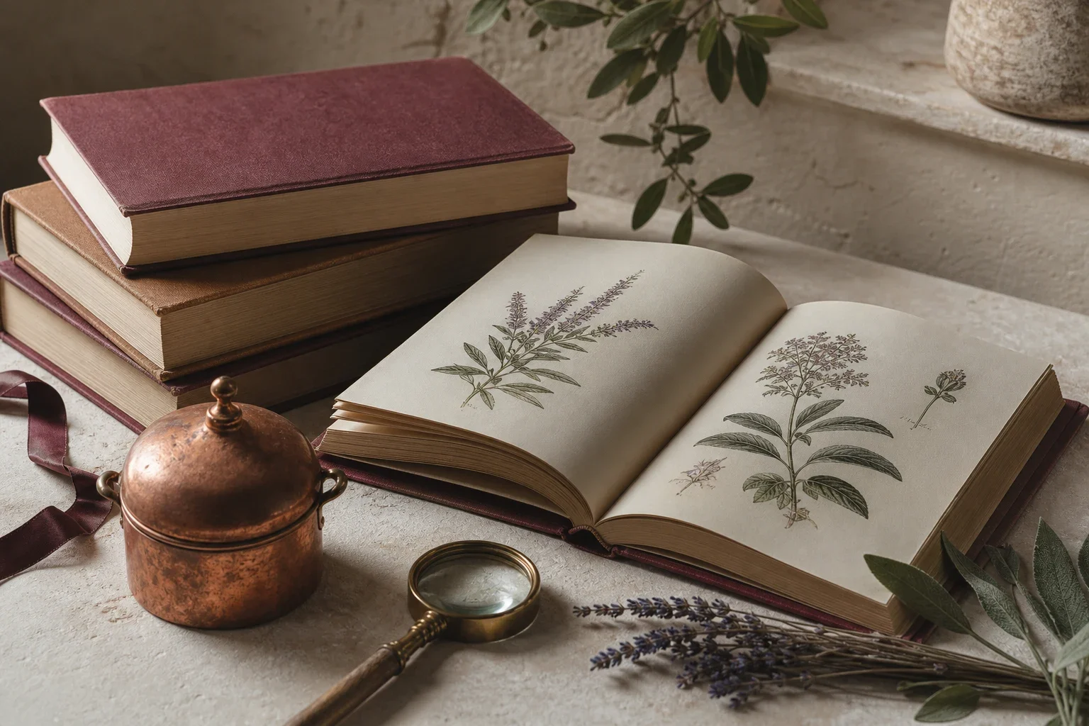 Nature morte soignée avec des livres anciens, un ouvrage botanique ouvert et un alambic en cuivre au repos.