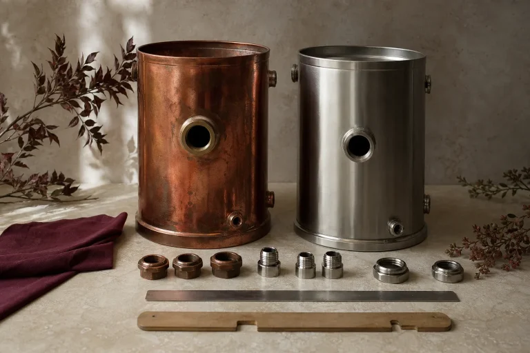 Deux cuves cylindriques, l’une en cuivre et l’autre en acier inoxydable, avec leurs raccords disposés pour comparaison.