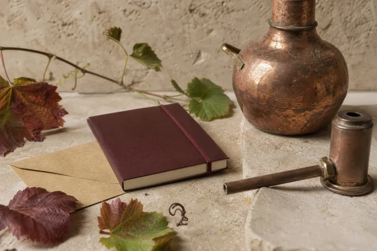 Nature morte montrant un alambic en cuivre, un carnet et des feuilles de vigne, évocation du travail de distillation.