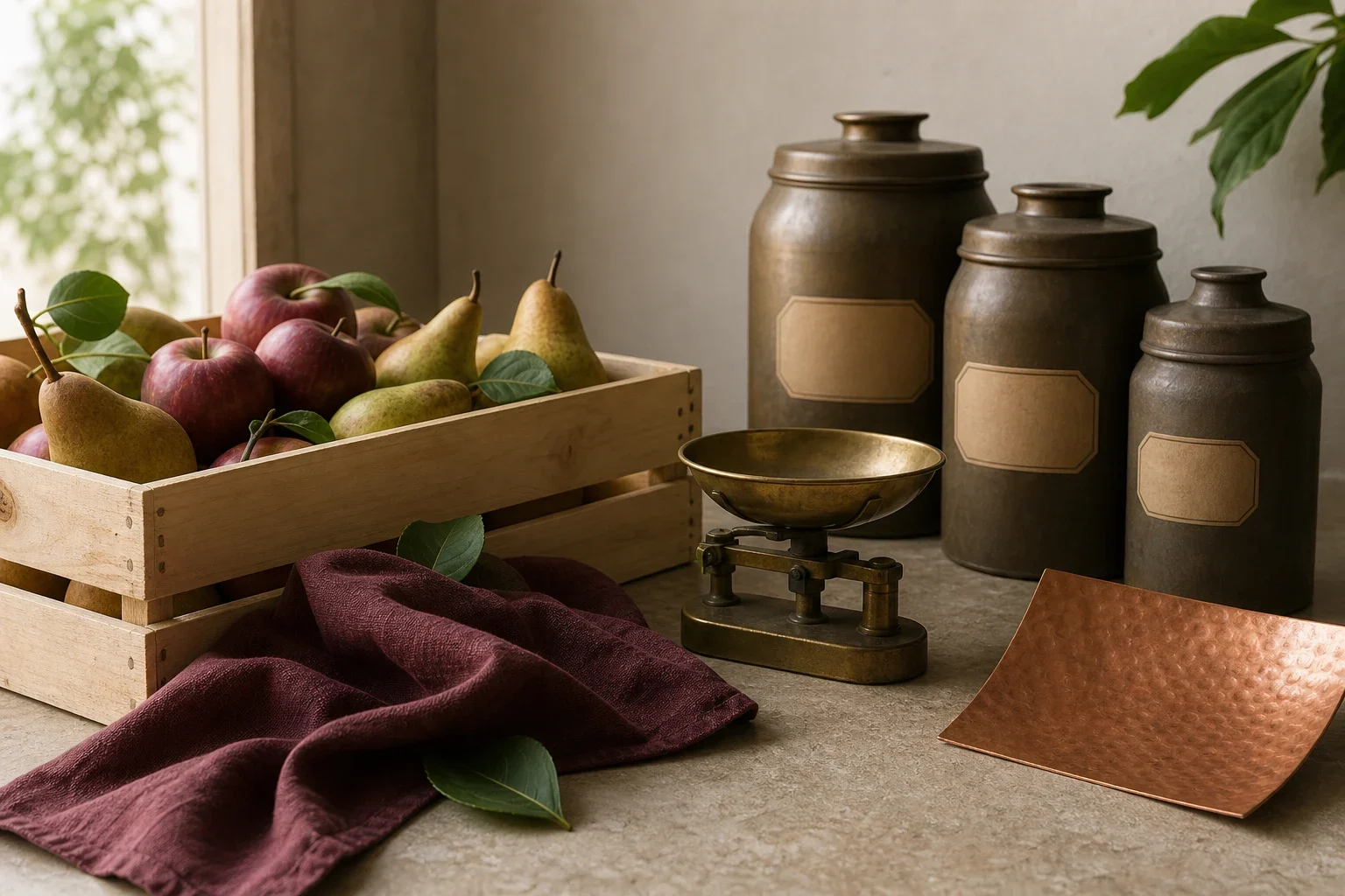 Nature morte d’atelier avec pommes et poires en caisse, bocaux en cuivre, balance ancienne et plaque de cuivre.