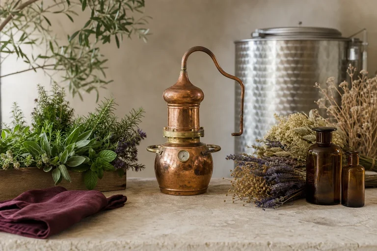 Nature morte d’une distillerie de plantes avec alambic en cuivre, herbes aromatiques, bouquets séchés et flacons ambrés.
