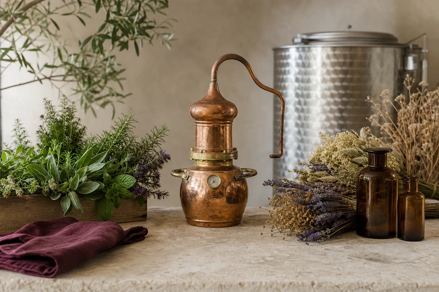 Nature morte d’une distillerie de plantes avec alambic en cuivre, herbes aromatiques, bouquets séchés et flacons ambrés.