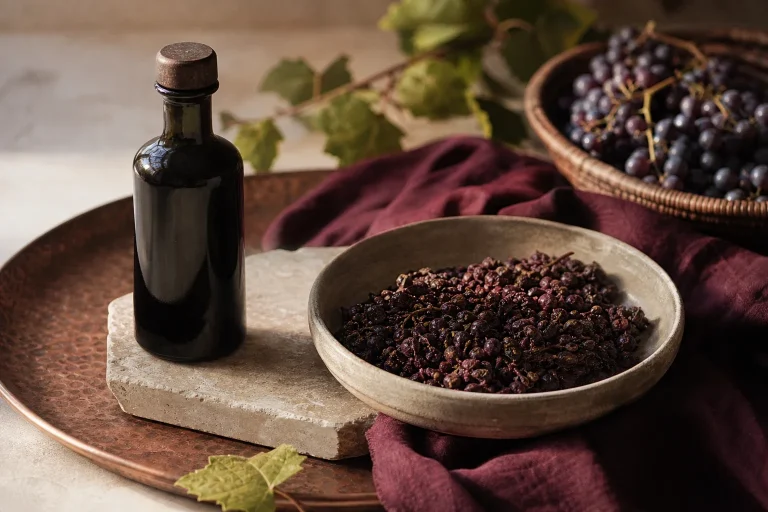 Nature morte avec une bouteille sombre, des grappes de raisin et un bol de marc de raisin, illustrant les matières premières distillées.