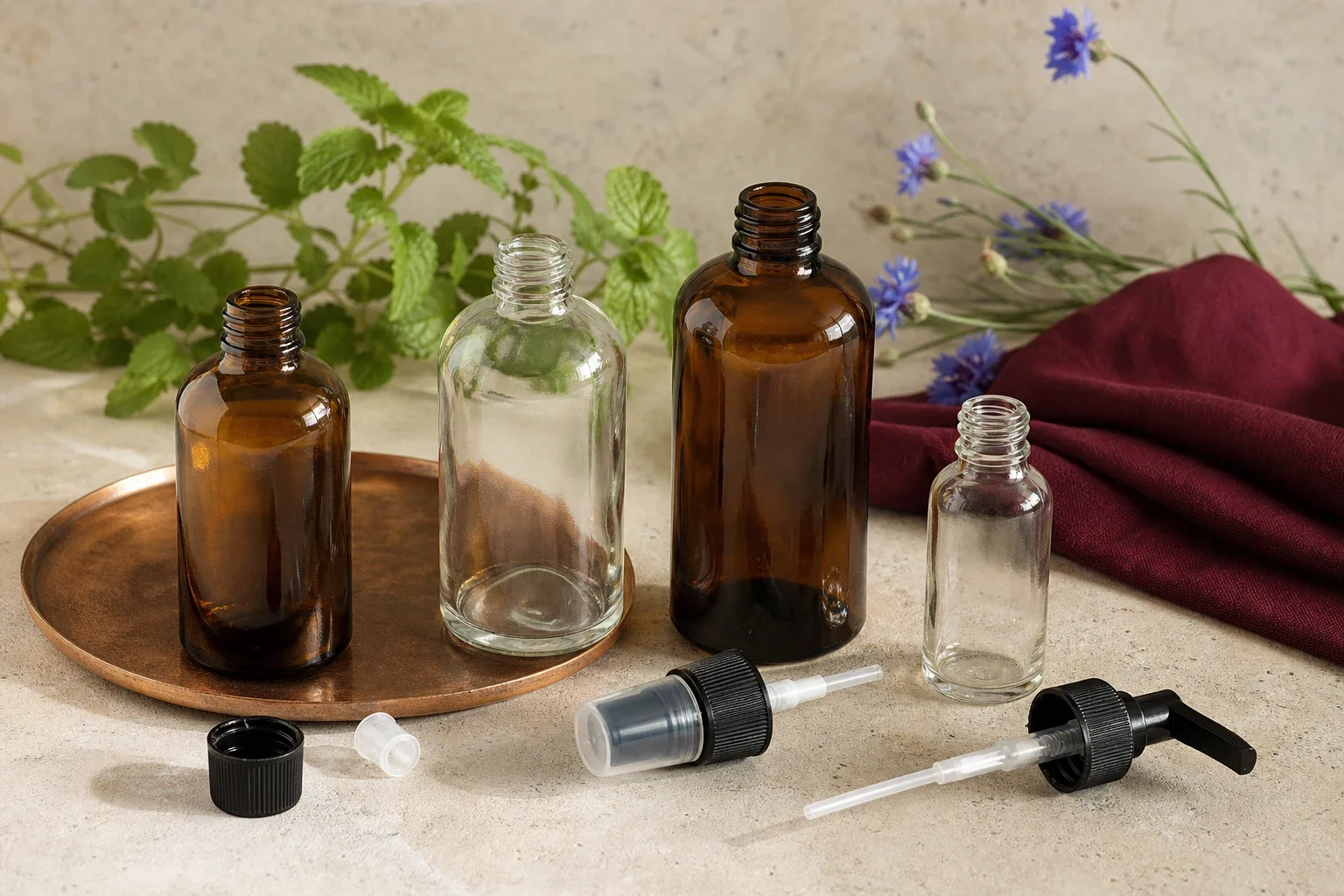 Nature morte présentant quatre flacons en verre ambré et transparent, de formats variés, avec bouchons et pompes pour hydrolats.