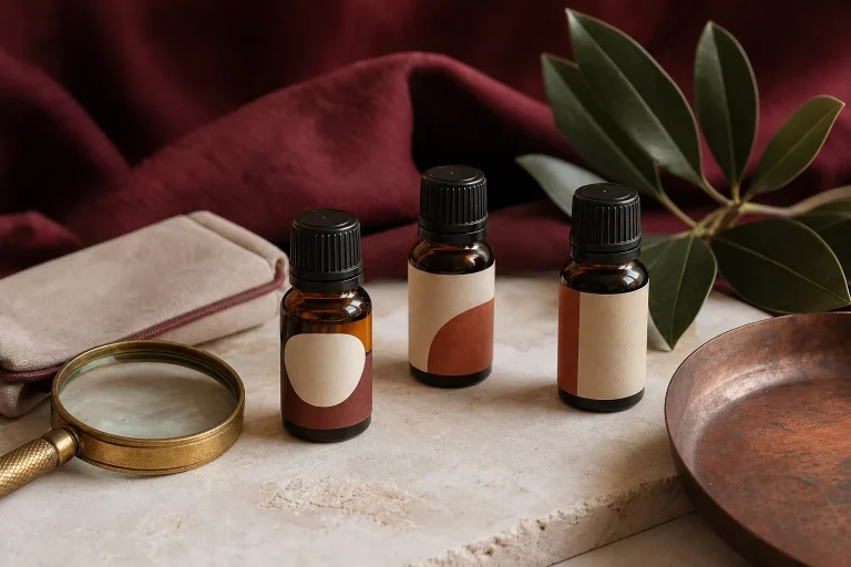 Trois flacons d’huiles essentielles aux étiquettes neutres, avec une loupe, une coupelle et des feuilles sur une table.