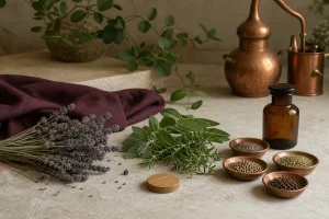 Nature morte d’herbes aromatiques, lavande, graines et flacon ambré devant un alambic en cuivre non utilisé.