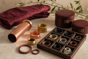 Nature morte d’accessoires pour alambic : tube en cuivre, raccords métalliques et joints rangés dans un coffret en bois.