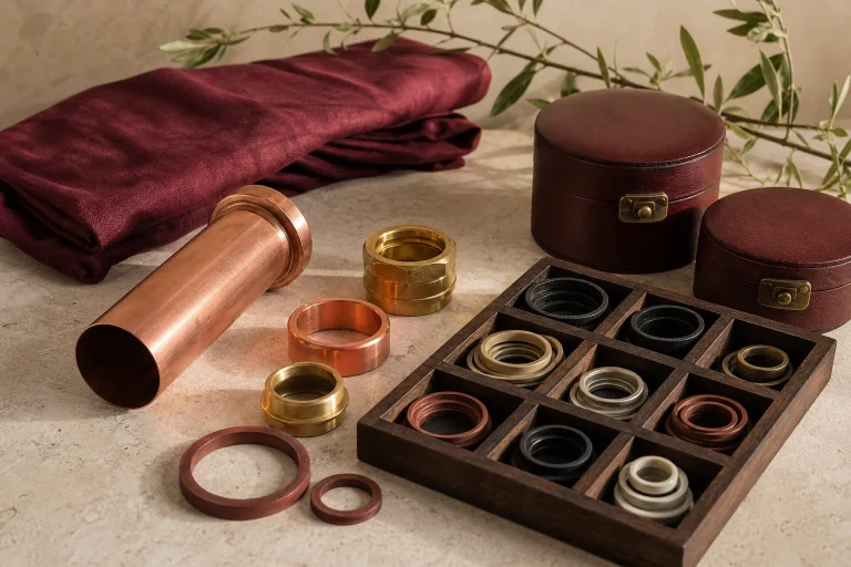 Nature morte d’accessoires pour alambic : tube en cuivre, raccords métalliques et joints rangés dans un coffret en bois.