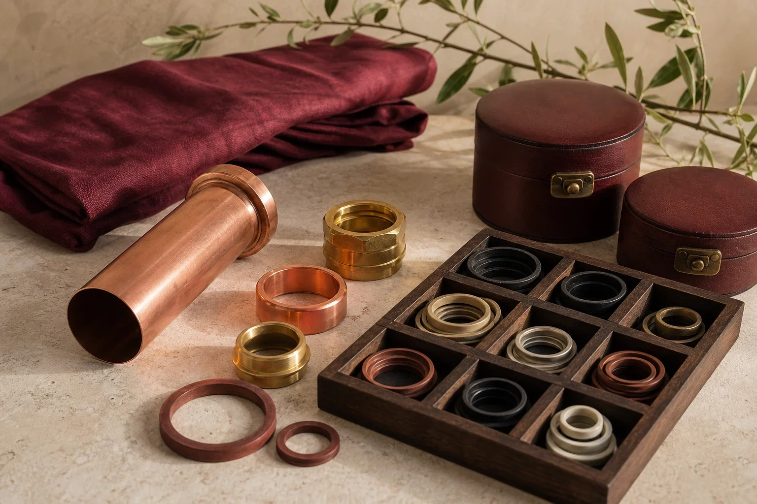 Nature morte d’accessoires pour alambic : tube en cuivre, raccords métalliques et joints rangés dans un coffret en bois.