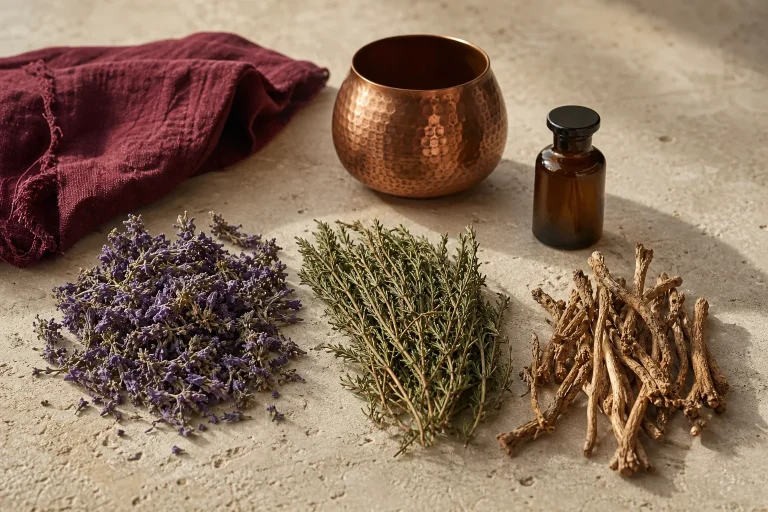 Nature morte de plantes à parfum, aromatiques et médicinales séchées, avec fleurs violettes, herbes, racines et flacon ambré.
