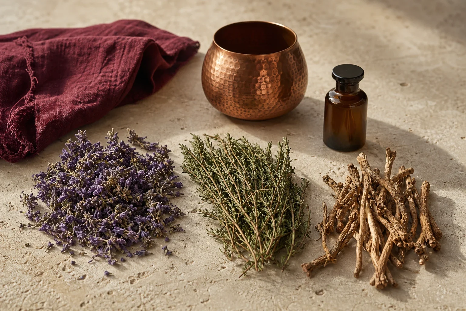 Nature morte de plantes à parfum, aromatiques et médicinales séchées, avec fleurs violettes, herbes, racines et flacon ambré.
