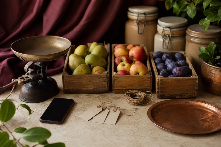Nature morte d’atelier avec fruits récoltés, balance ancienne, bocaux, étiquettes vierges et téléphone pour préparer un premier échange.