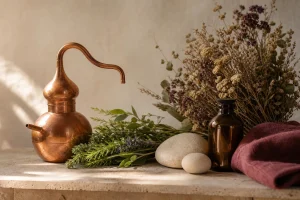 Nature morte dans une distillerie avec un alambic en cuivre, des herbes aromatiques, des pierres et un flacon ambré.