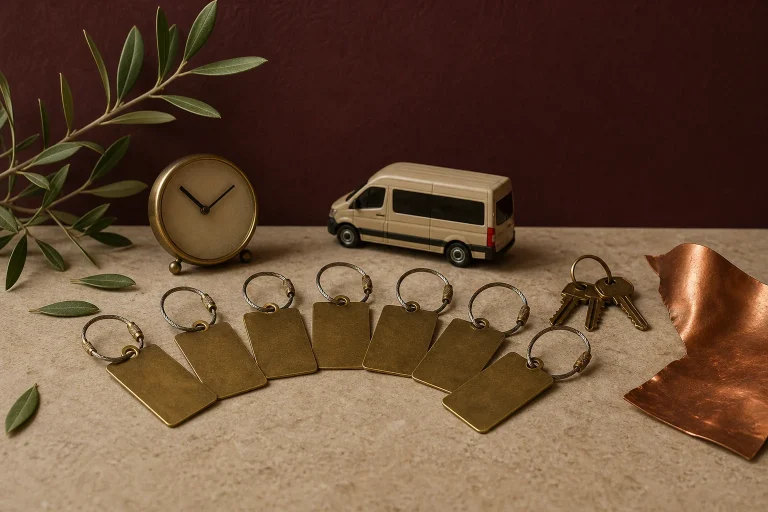 Nature morte évoquant une visite de distillerie en groupe, avec minibus, badges vierges, clés, horloge, branche d’olivier et cuivre.