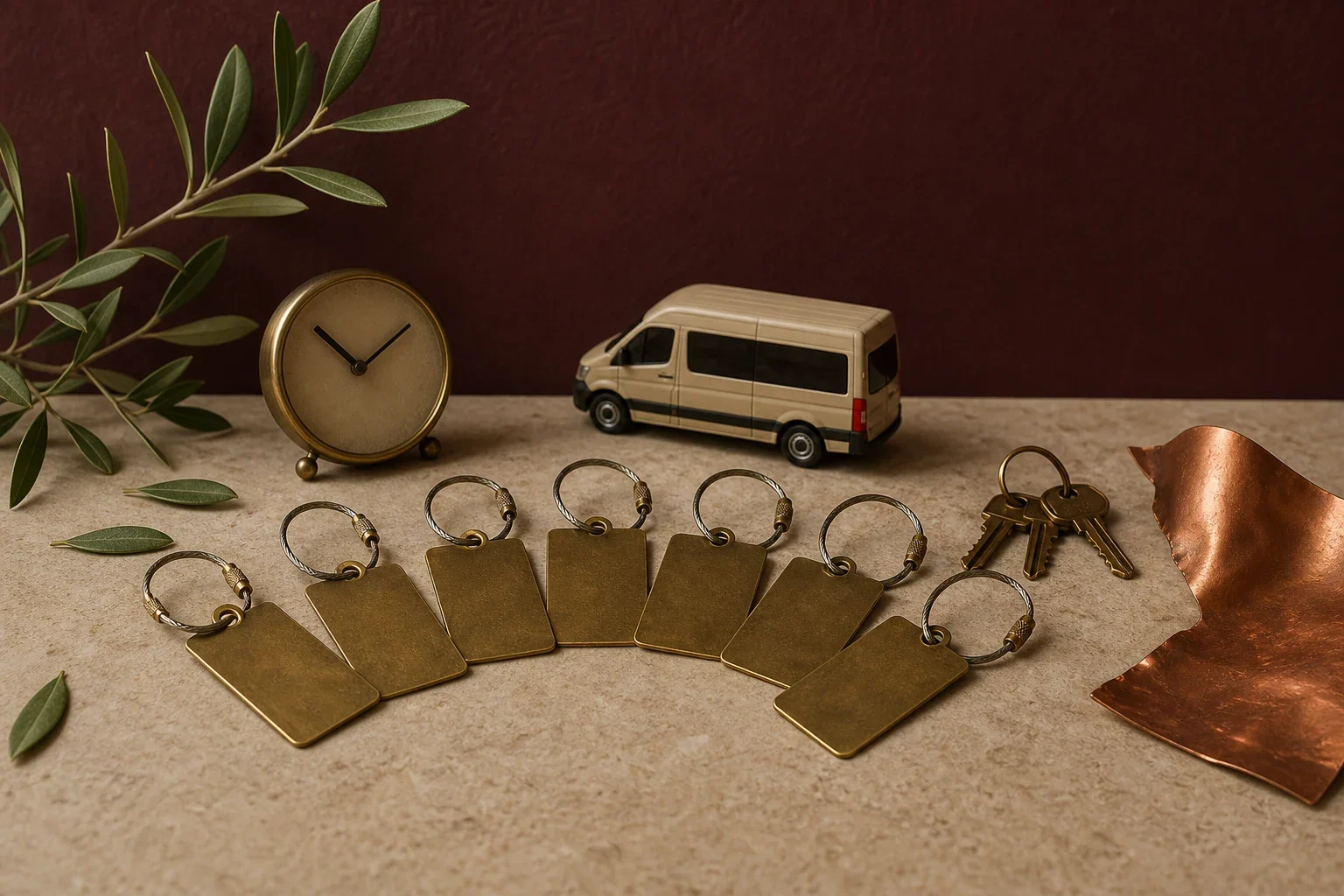 Nature morte évoquant une visite de distillerie en groupe, avec minibus, badges vierges, clés, horloge, branche d’olivier et cuivre.