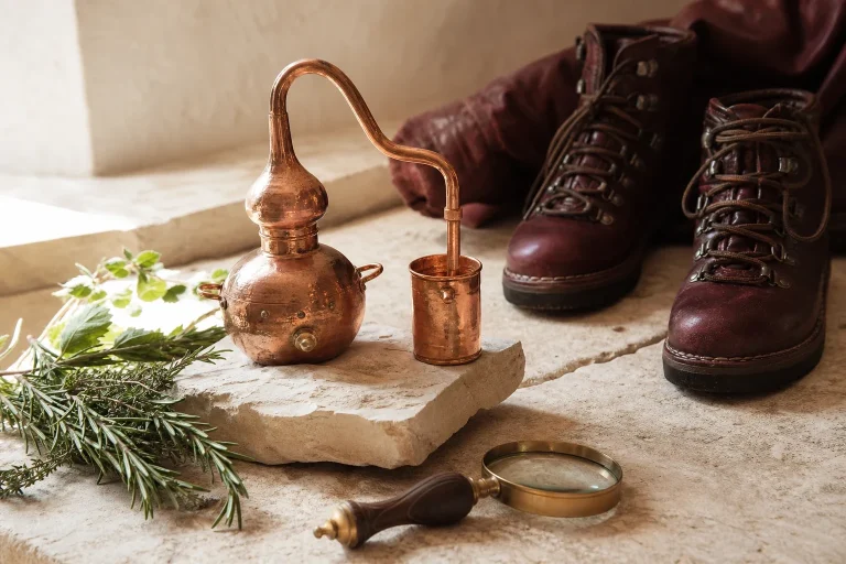Nature morte d’atelier avec un alambic en cuivre, des plantes aromatiques, une loupe et des bottes de visiteur.