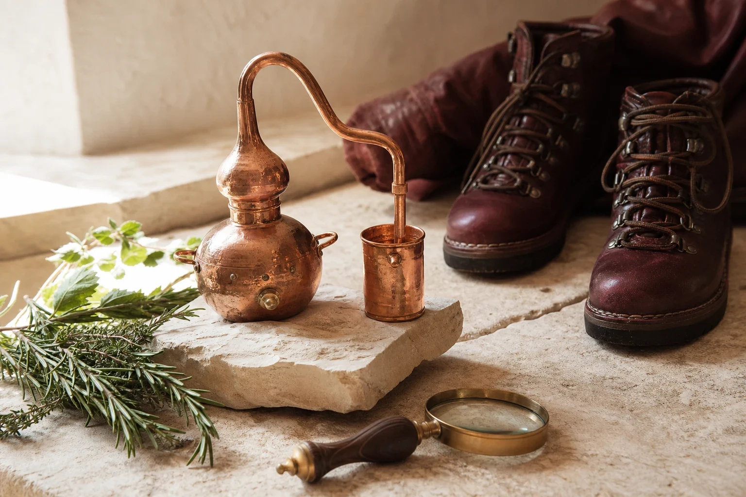 Nature morte d’atelier avec un alambic en cuivre, des plantes aromatiques, une loupe et des bottes de visiteur.