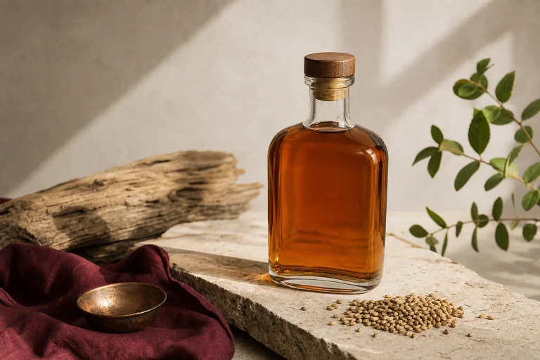 Nature morte d’un flacon de whisky ambré sans étiquette, posé sur une table en pierre avec grains, bois et feuillage.